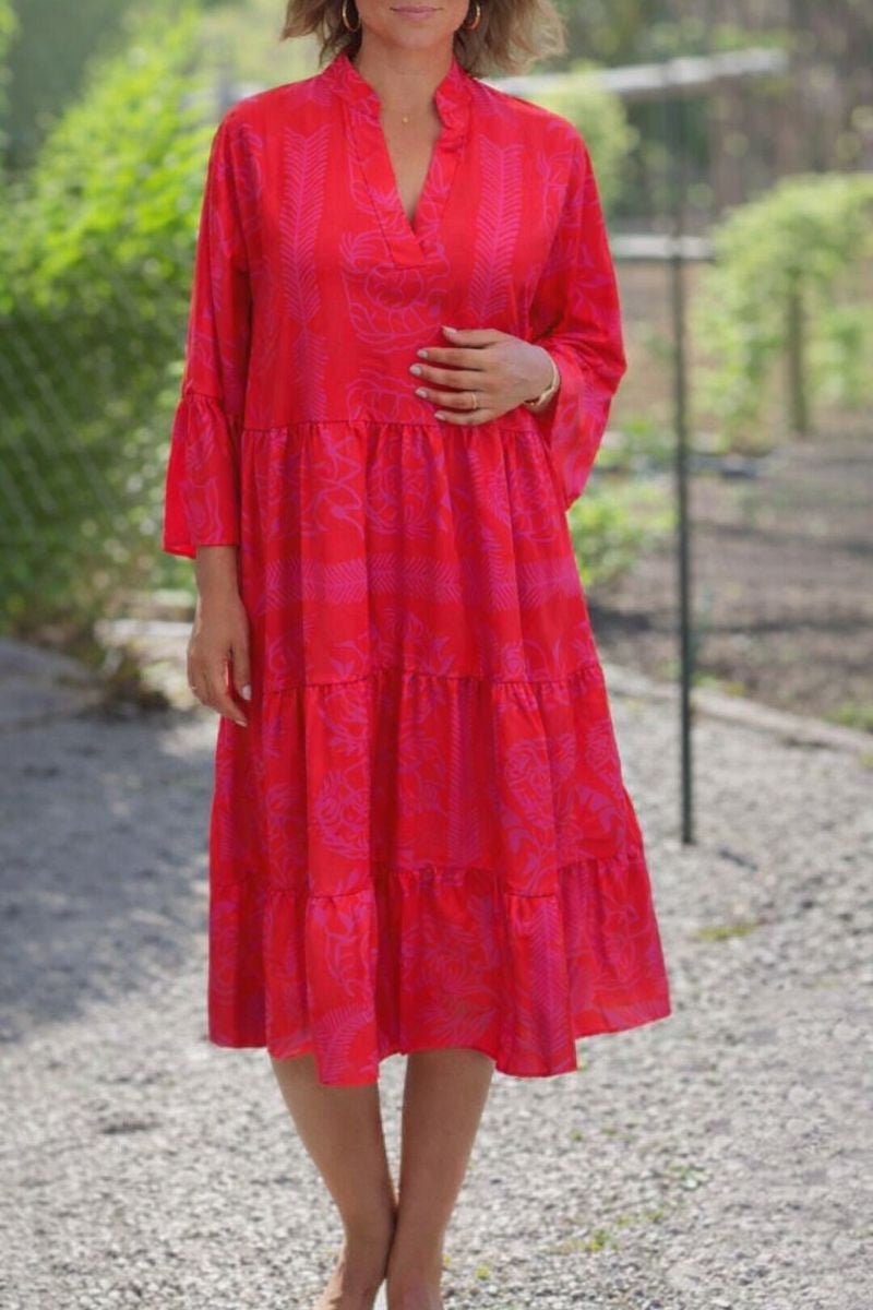 Boho Tiered Midi Dress V-Neck Long Sleeve Flowy