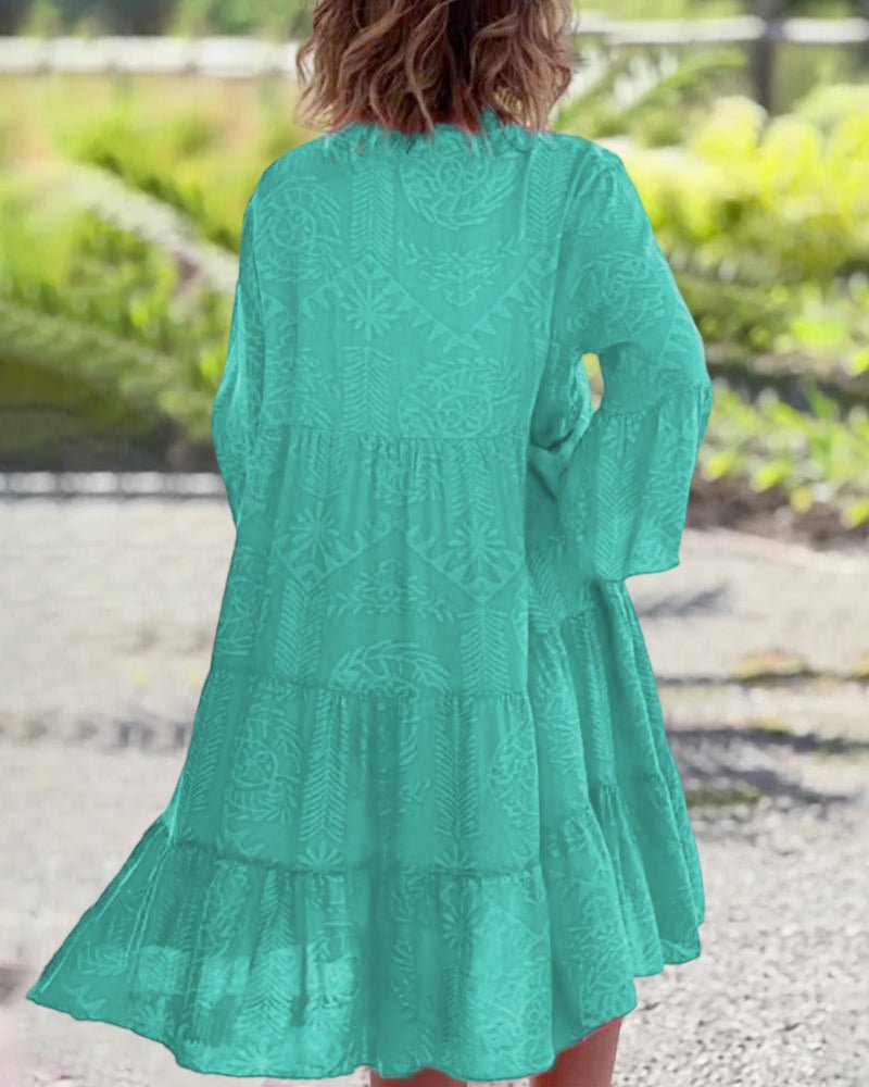 Boho Tiered Midi Dress V-Neck Long Sleeve Flowy