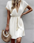 Boho V-Neck Dress Short Sleeve Tie Waist Flowy - White