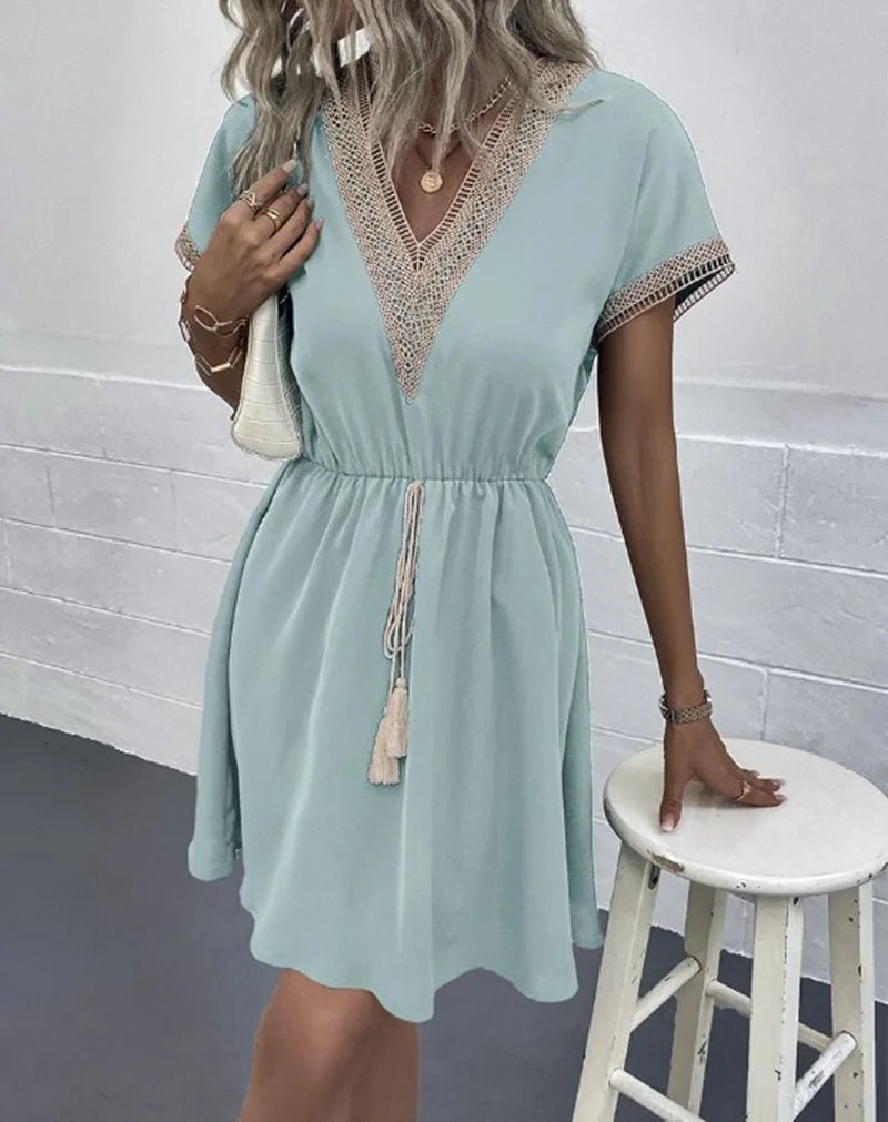 Boho V-Neck Dress Short Sleeve Tie Waist Flowy - Light Green