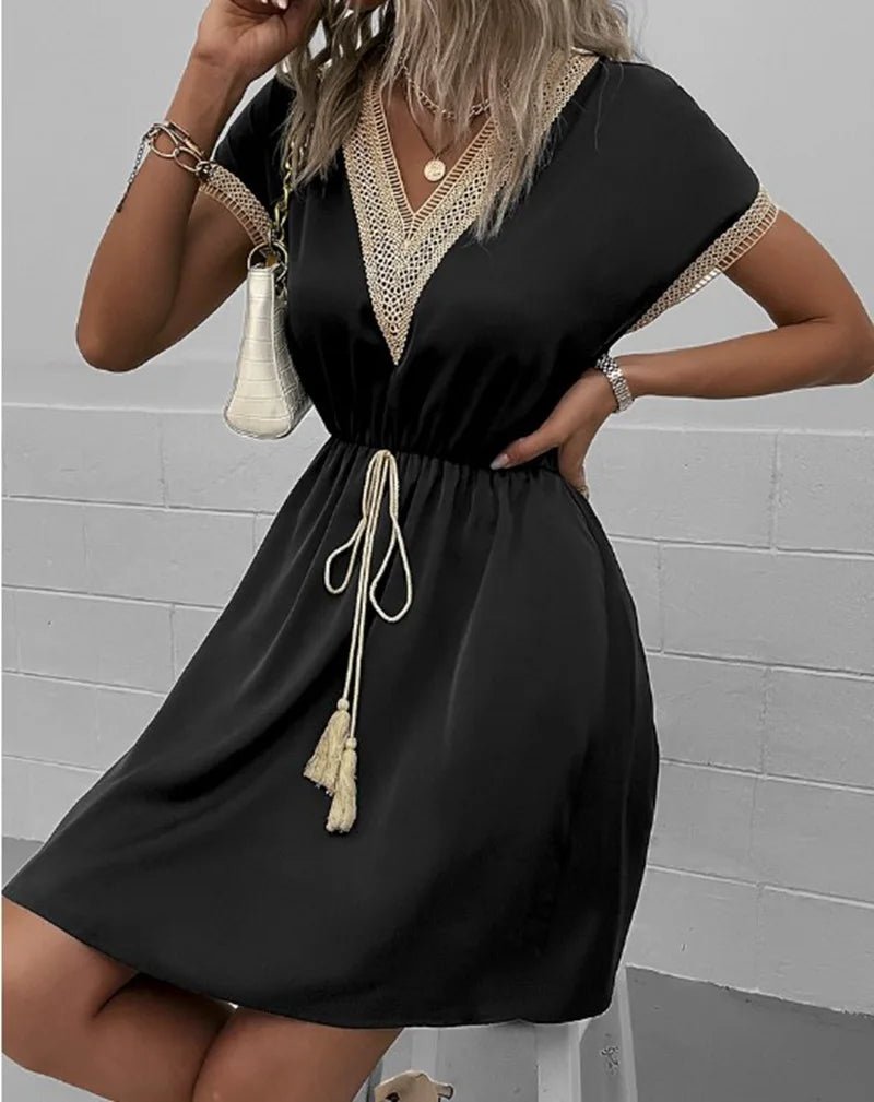 Boho V-Neck Dress Short Sleeve Tie Waist Flowy - Black