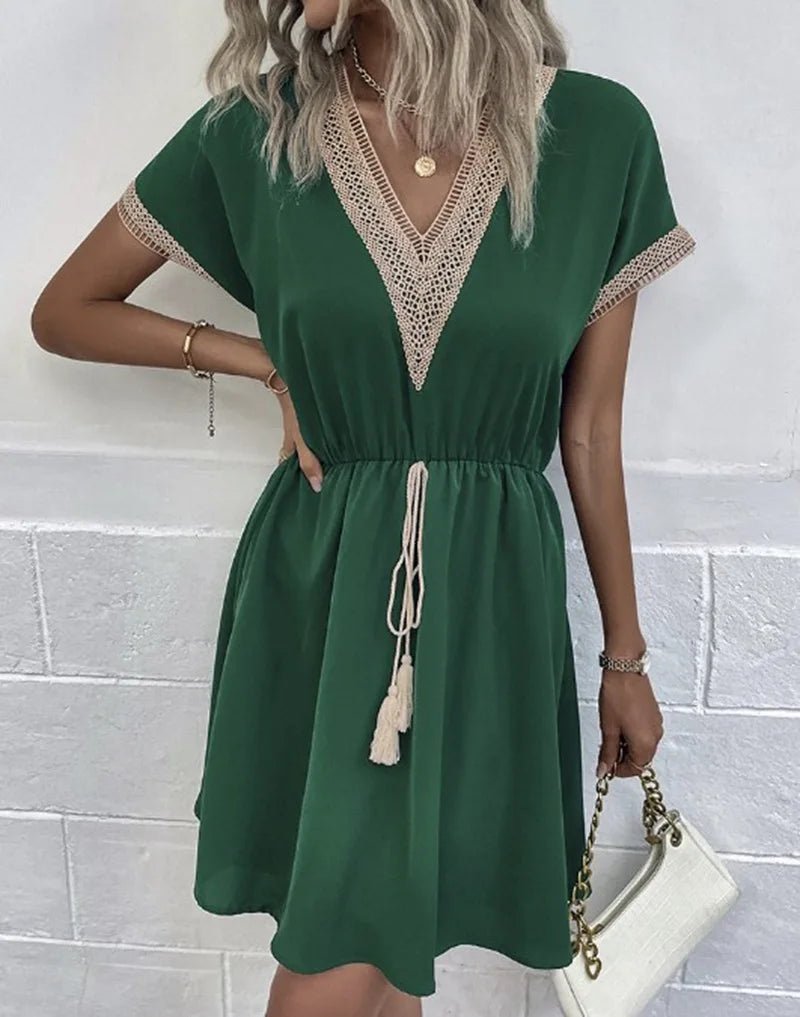 Boho V-Neck Dress Short Sleeve Tie Waist Flowy - Green