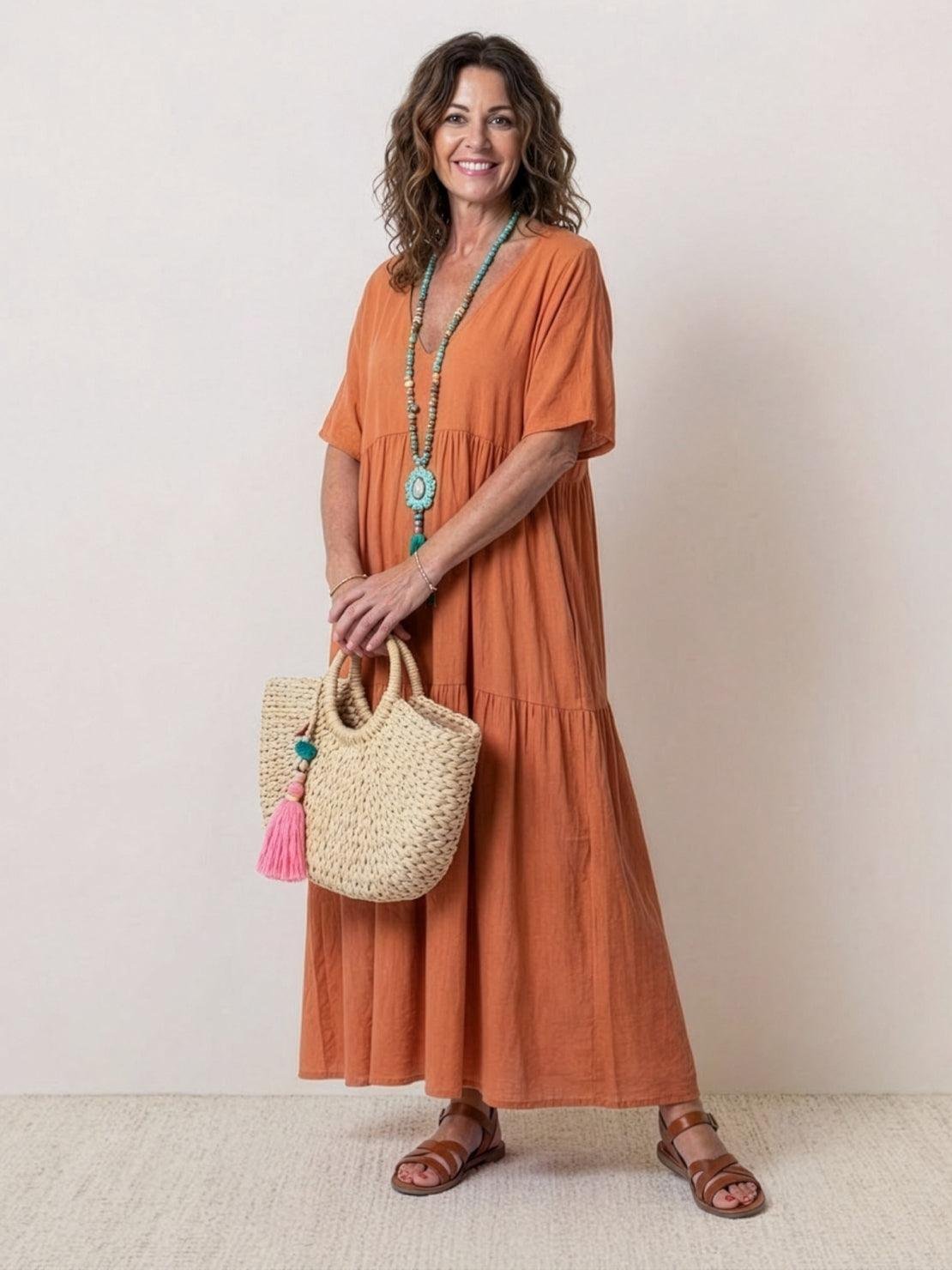Boho V-Neck Maxi Dress Tiered Short Sleeve Swing - Rusty Orange