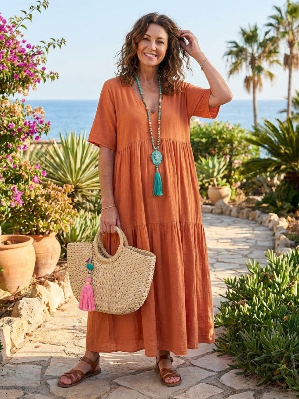 Boho V-Neck Maxi Dress Tiered Short Sleeve Swing
