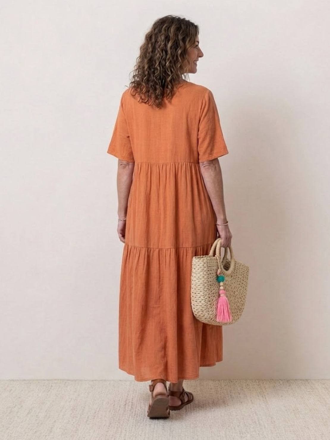 Boho V-Neck Maxi Dress Tiered Short Sleeve Swing