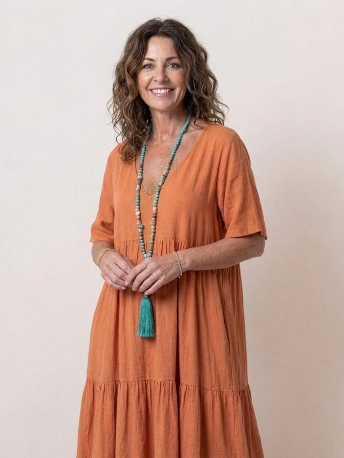 Boho V-Neck Maxi Dress Tiered Short Sleeve Swing