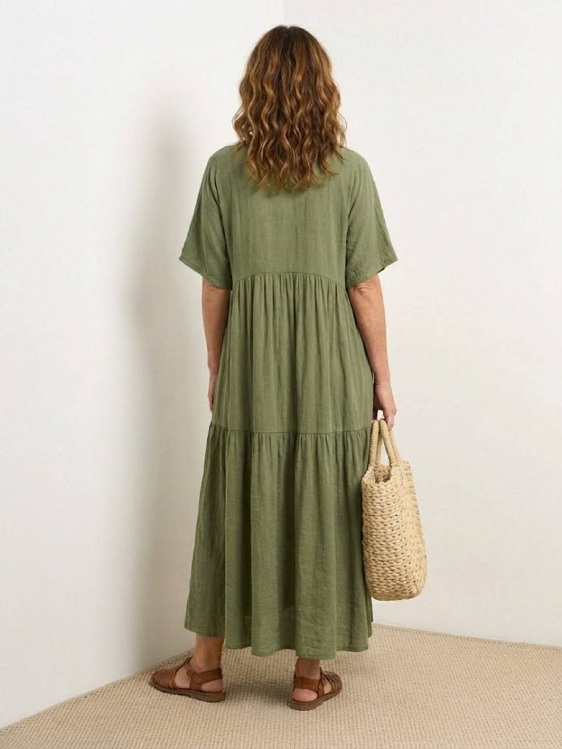 Boho V-Neck Maxi Dress Tiered Short Sleeve Swing