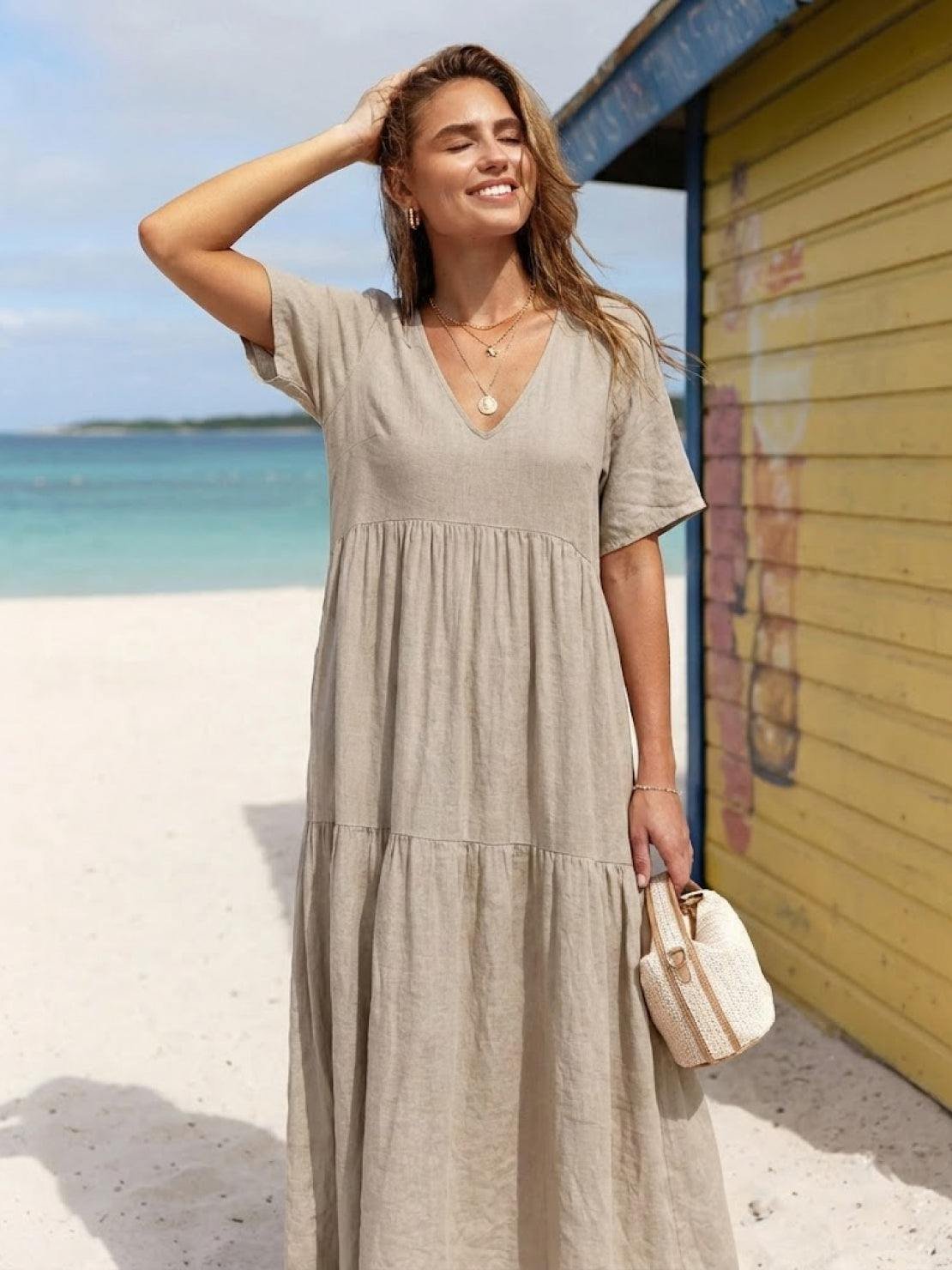 Boho V-Neck Maxi Dress Tiered Short Sleeve Swing