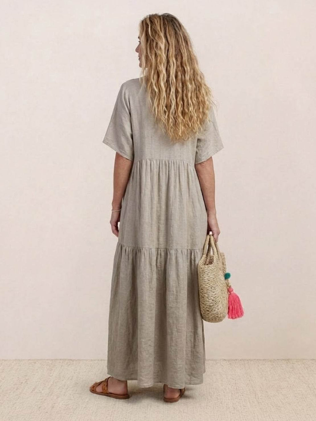 Boho V-Neck Maxi Dress Tiered Short Sleeve Swing