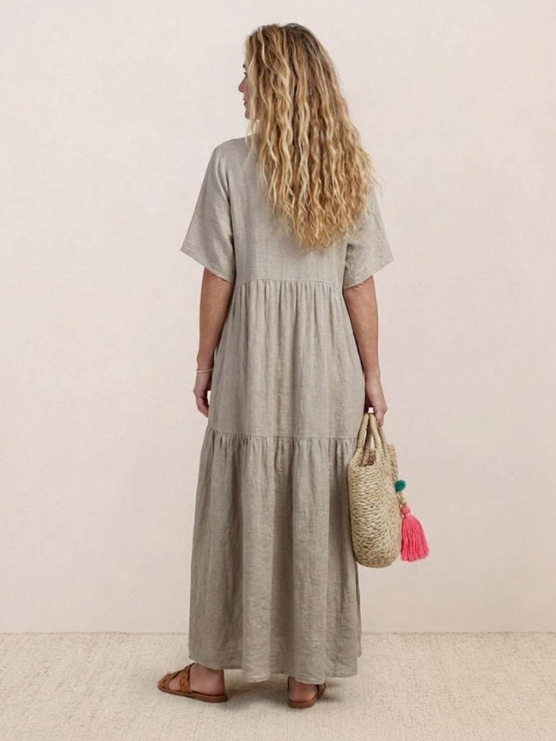 Boho V-Neck Maxi Dress Tiered Short Sleeve Swing