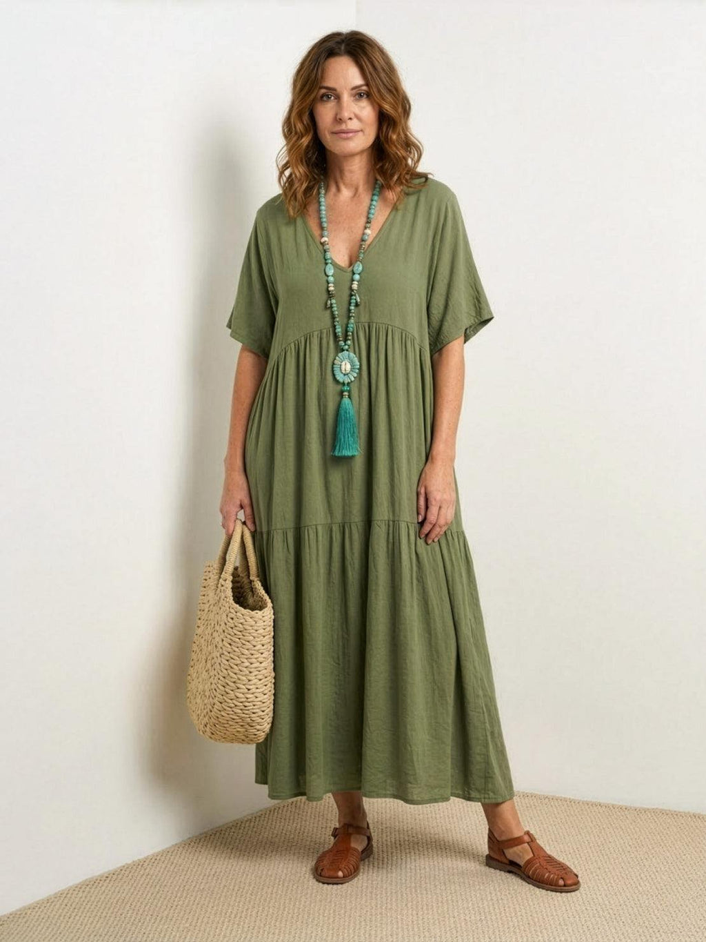 Boho V-Neck Maxi Dress Tiered Short Sleeve Swing - Army Green