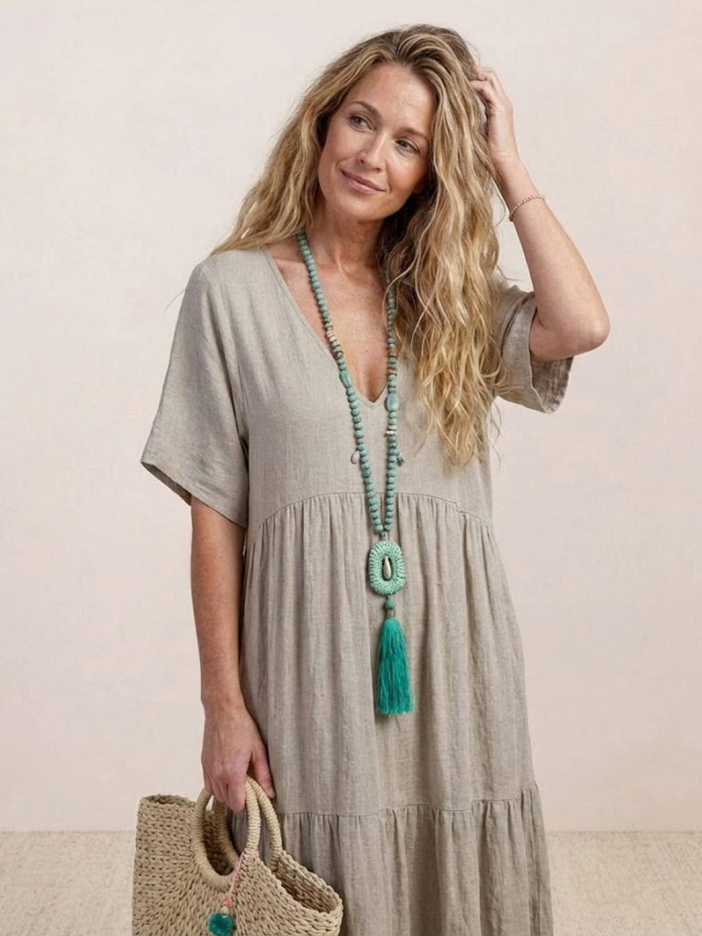 Boho V-Neck Maxi Dress Tiered Short Sleeve Swing