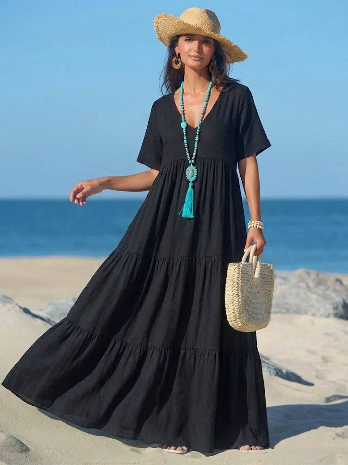 Boho V-Neck Maxi Dress Tiered Short Sleeve Swing