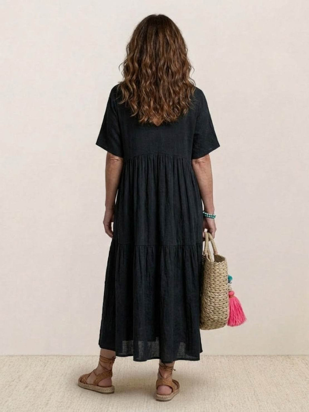 Boho V-Neck Maxi Dress Tiered Short Sleeve Swing