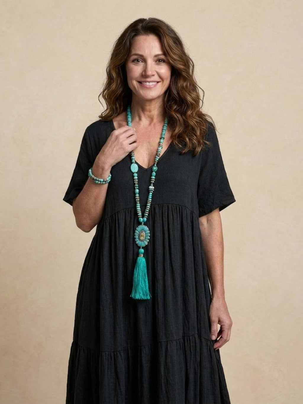 Boho V-Neck Maxi Dress Tiered Short Sleeve Swing