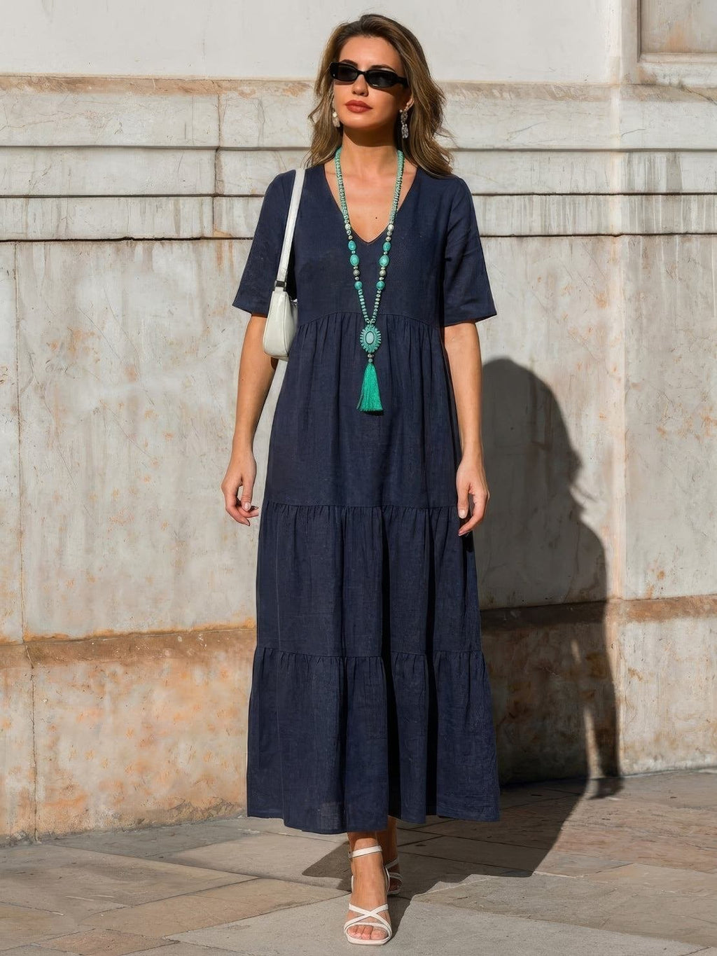Boho V-Neck Maxi Dress Tiered Short Sleeve Swing