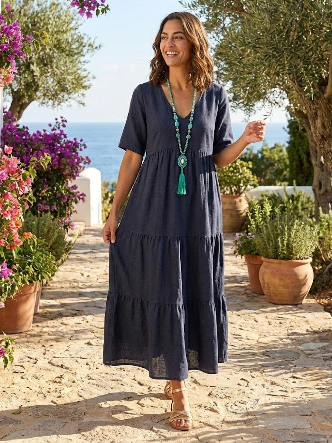 Boho V-Neck Maxi Dress Tiered Short Sleeve Swing