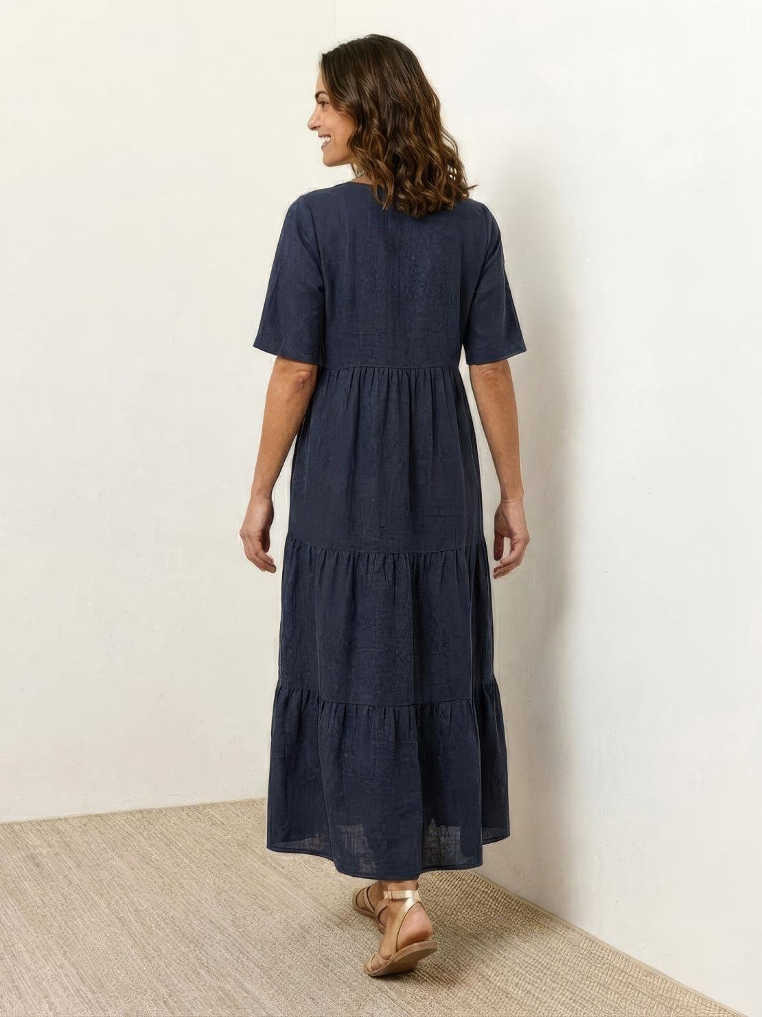 Boho V-Neck Maxi Dress Tiered Short Sleeve Swing