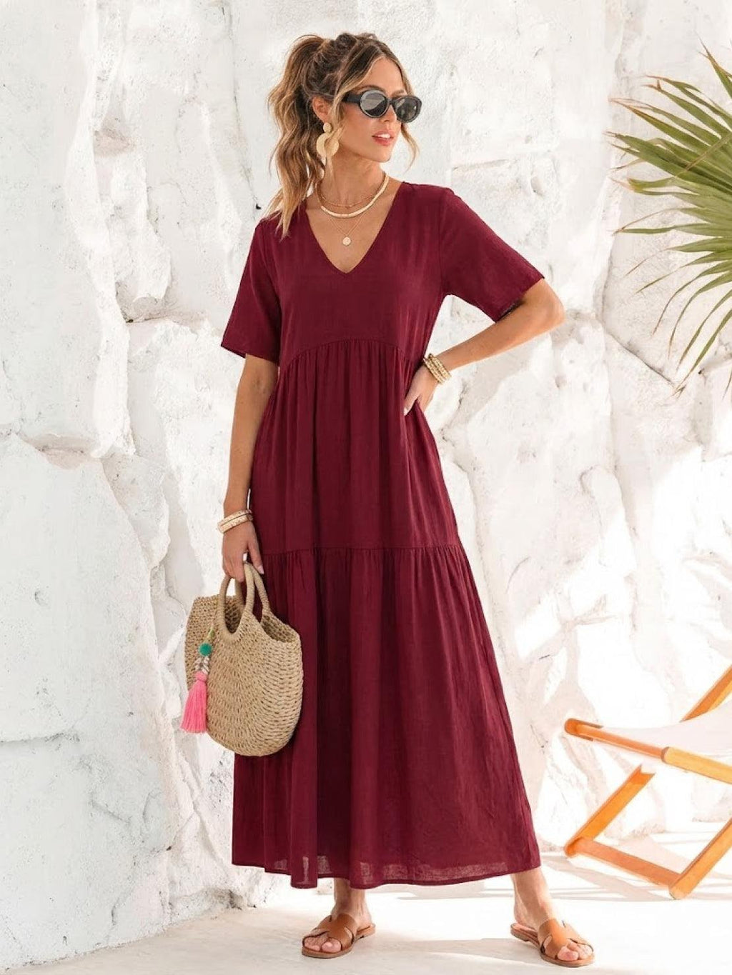 Boho V-Neck Maxi Dress Tiered Short Sleeve Swing