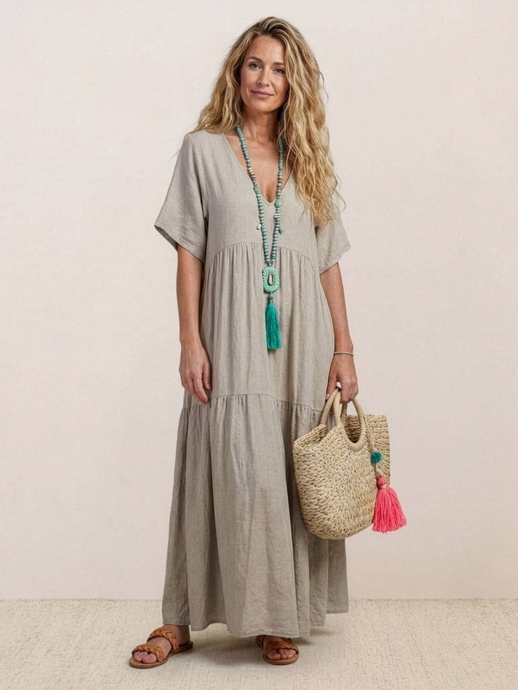 Boho V-Neck Maxi Dress Tiered Short Sleeve Swing - Apricot