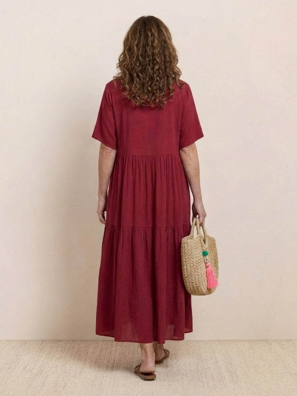 Boho V-Neck Maxi Dress Tiered Short Sleeve Swing