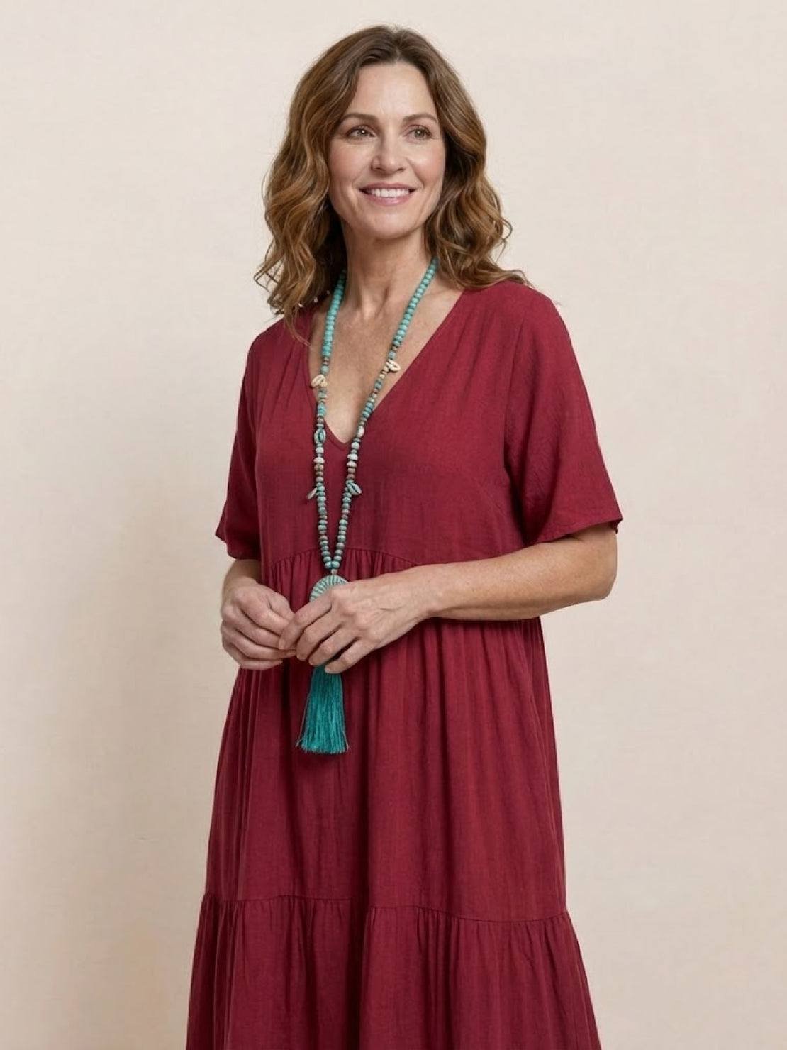 Boho V-Neck Maxi Dress Tiered Short Sleeve Swing