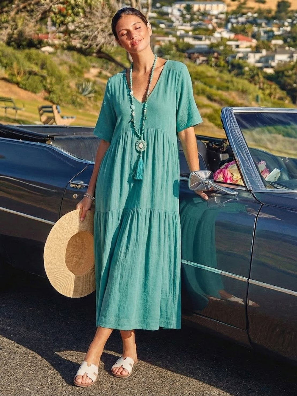 Boho V-Neck Maxi Dress Tiered Short Sleeve Swing