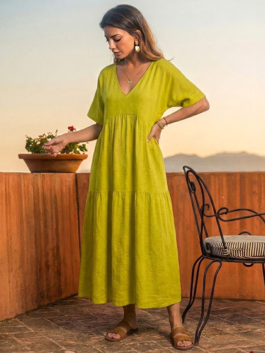 Boho V-Neck Maxi Dress Tiered Short Sleeve Swing