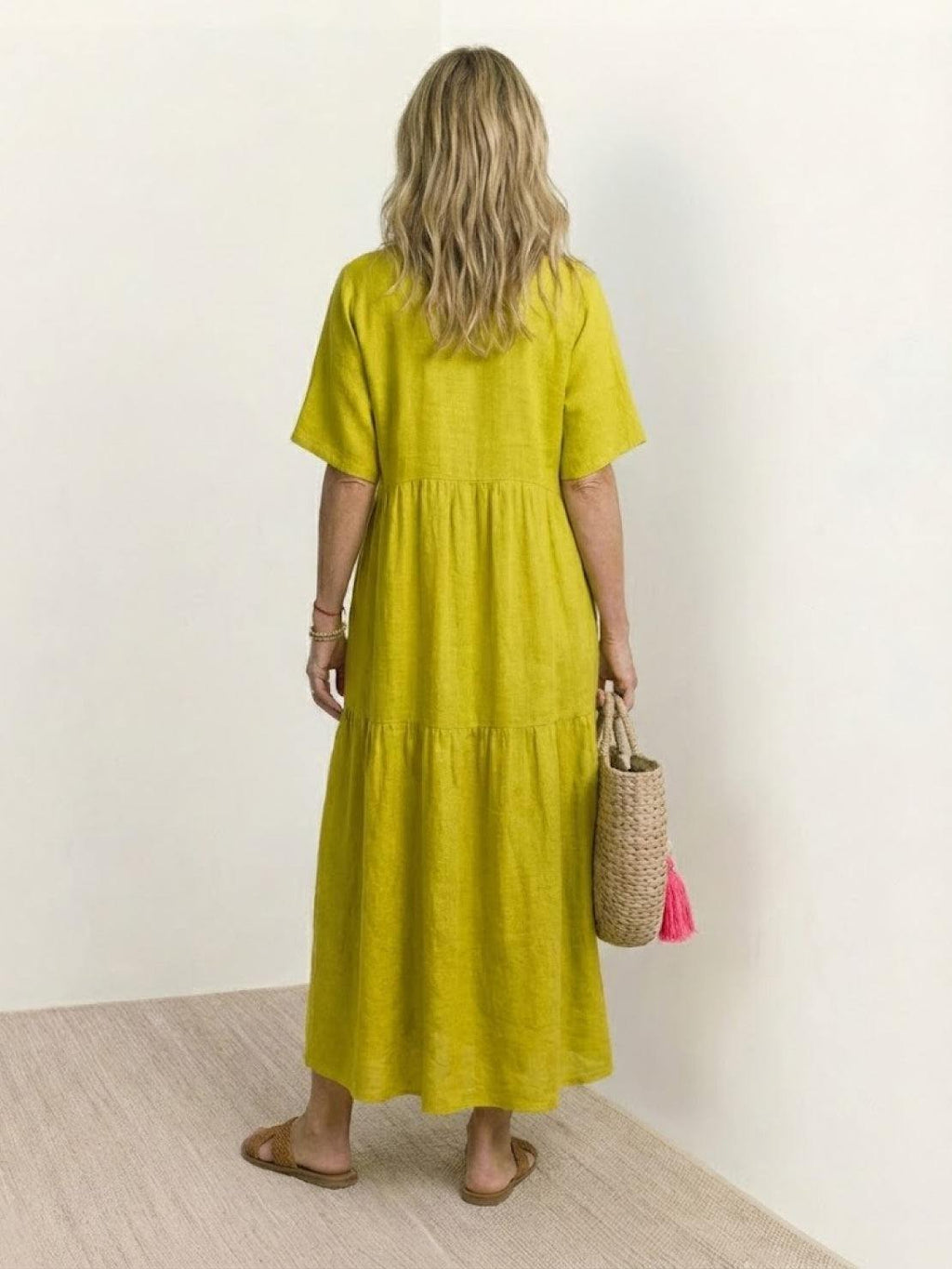 Boho V-Neck Maxi Dress Tiered Short Sleeve Swing