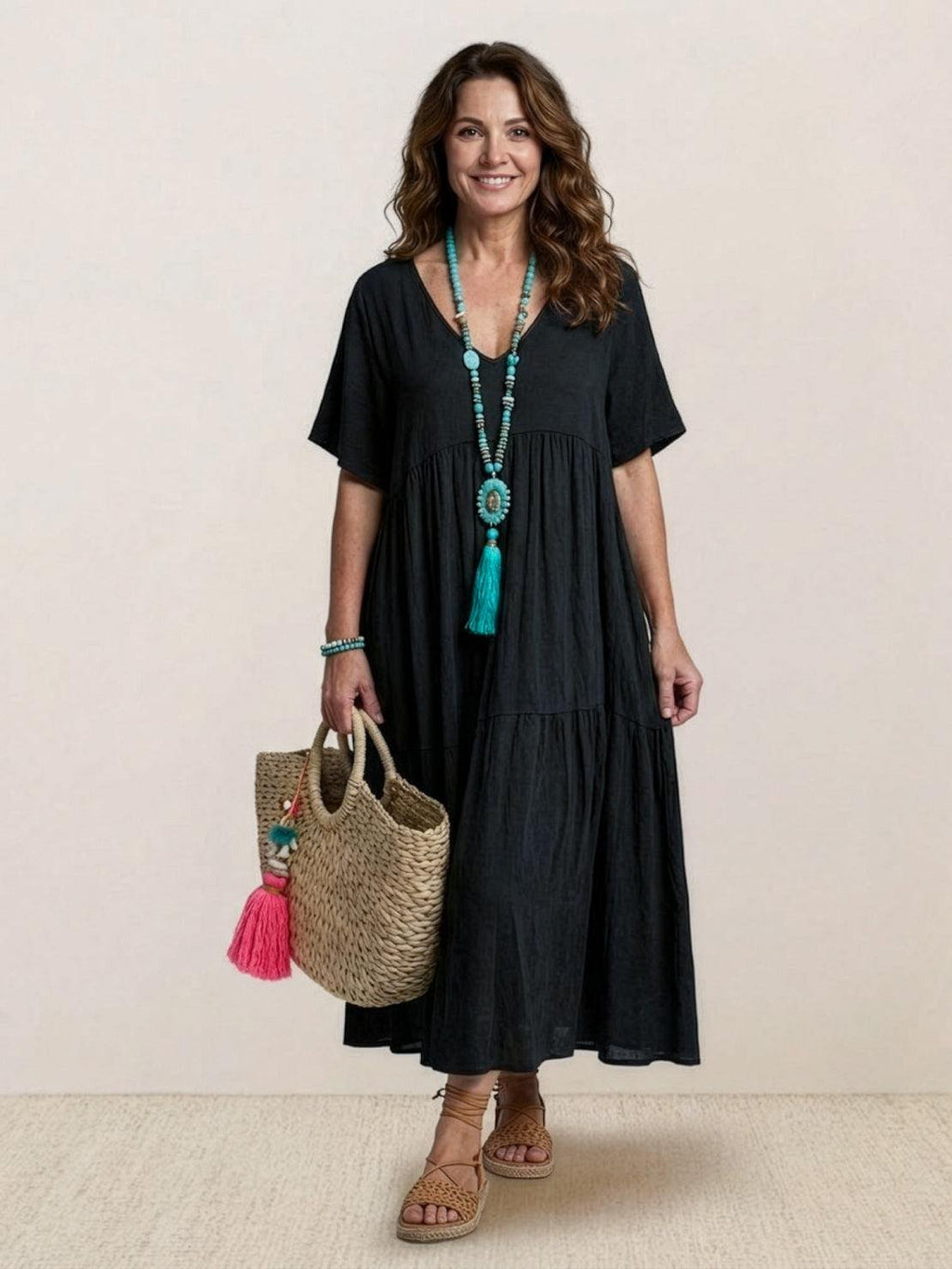 Boho V-Neck Maxi Dress Tiered Short Sleeve Swing - Black
