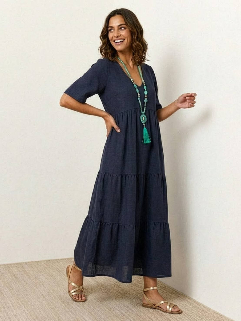 Boho V-Neck Maxi Dress Tiered Short Sleeve Swing - Navy Blue