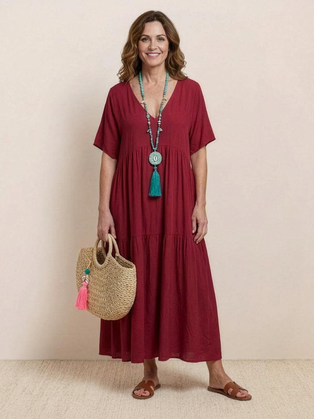 Boho V-Neck Maxi Dress Tiered Short Sleeve Swing - Red