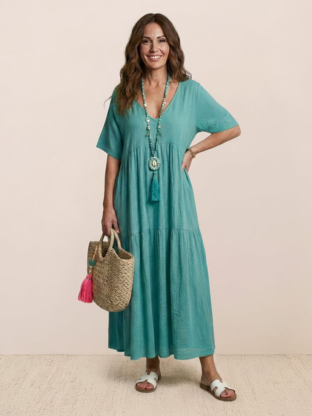 Boho V-Neck Maxi Dress Tiered Short Sleeve Swing - Peacock Blue