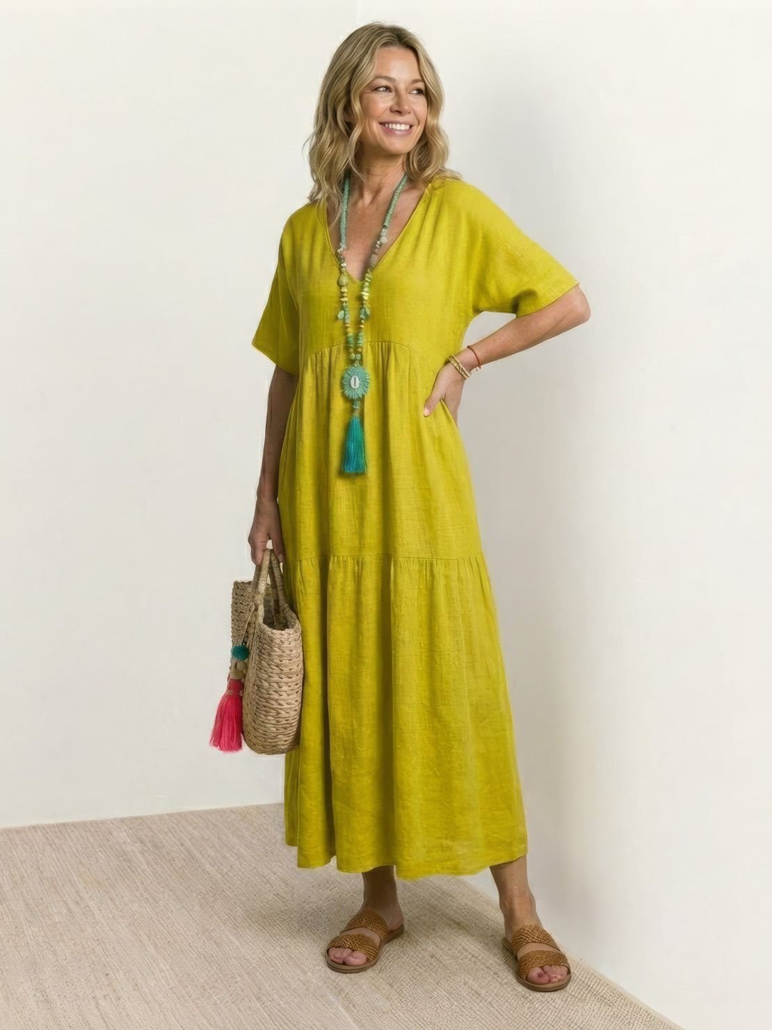 Boho V-Neck Maxi Dress Tiered Short Sleeve Swing - Yellow
