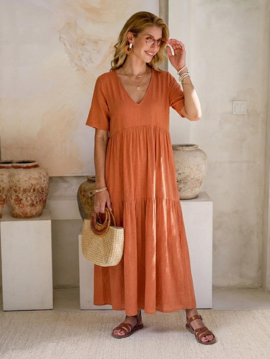 Boho V-Neck Maxi Dress Tiered Short Sleeve Swing