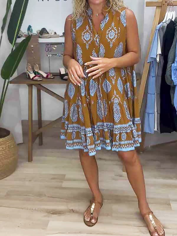 Boho V-Neck Sleeveless Tiered Mini Dress Tribal Print - Caramel Brown
