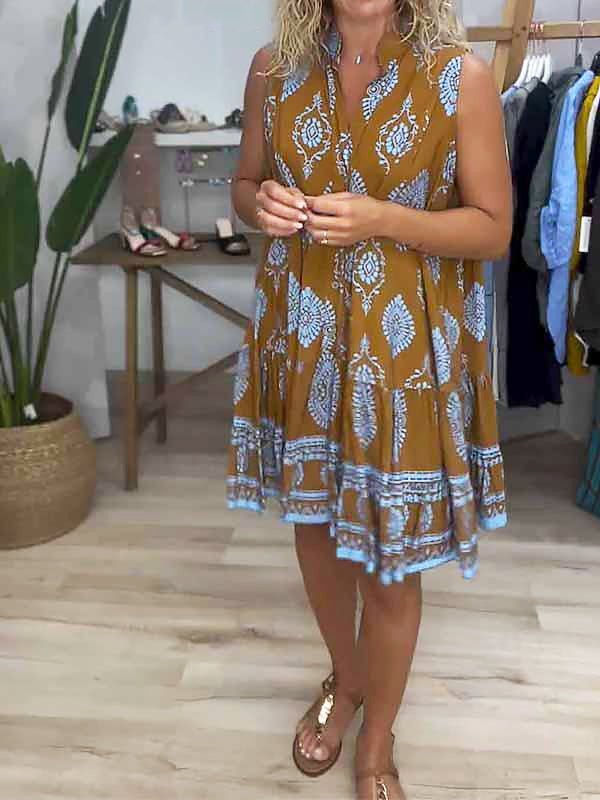 Boho V-Neck Sleeveless Tiered Mini Dress Tribal Print