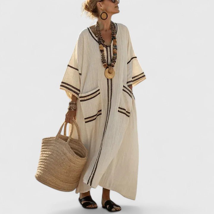 Boho V-Neck Striped Linen Maxi Dress with Pockets - Gray