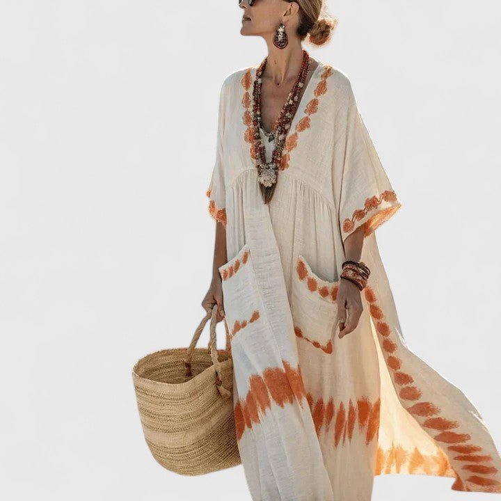Boho V-Neck Striped Linen Maxi Dress with Pockets - Orange