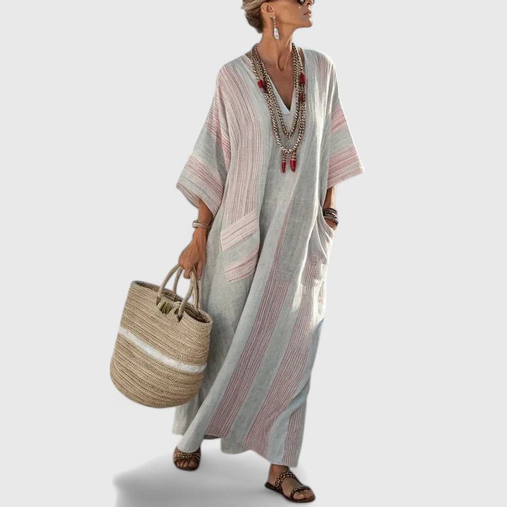 Boho V-Neck Striped Linen Maxi Dress with Pockets