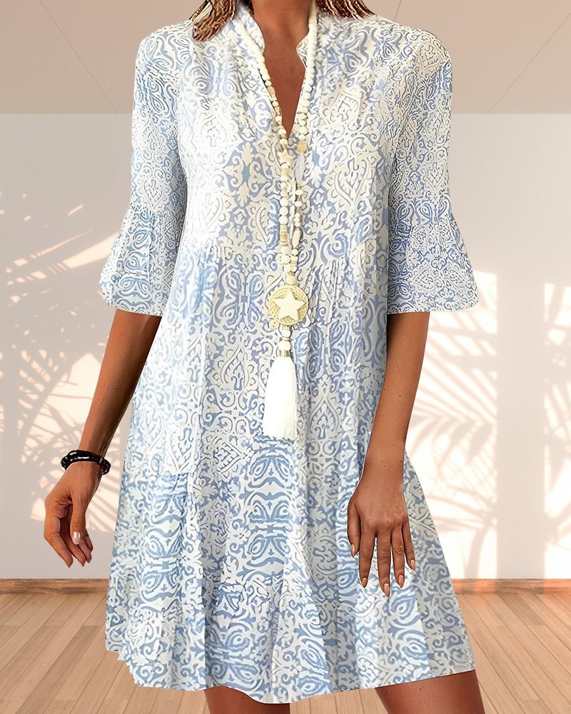 Boho V-Neck Swing Dress 3/4 Sleeve Paisley Print A-Line - Blue