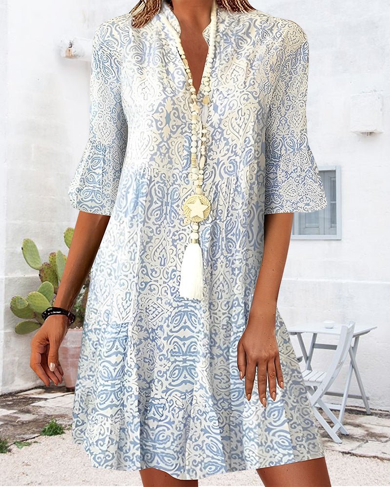 Boho V-Neck Swing Dress 3/4 Sleeve Paisley Print A-Line