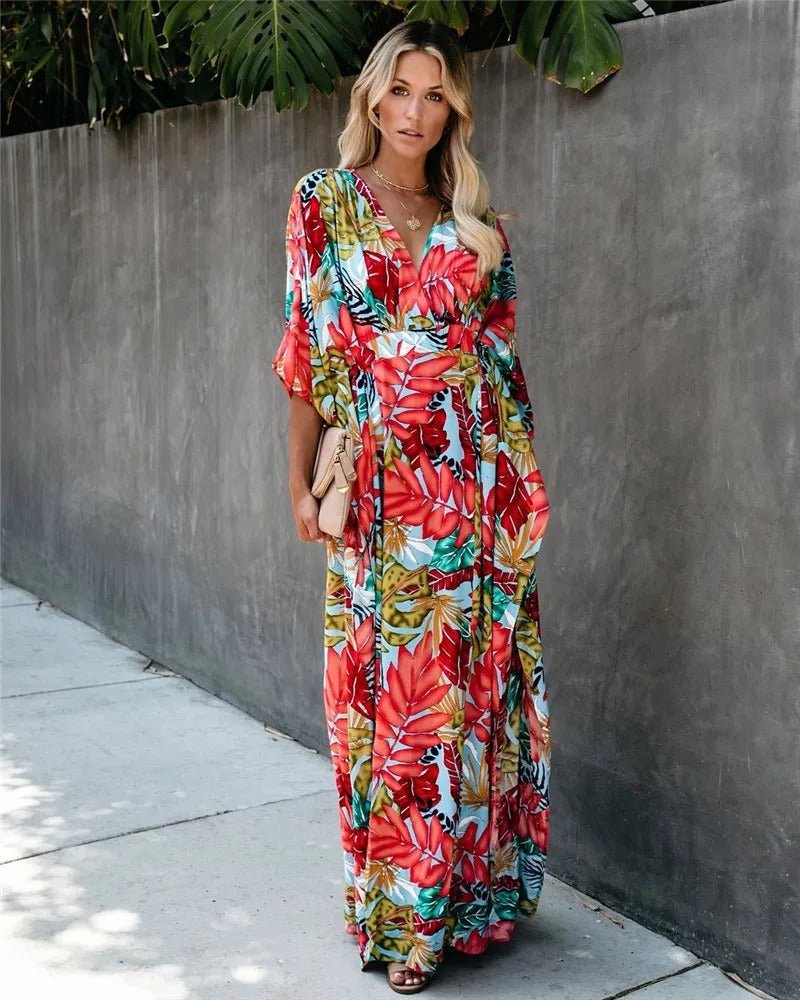 Boho Wrap Maxi Dress V-Neck Tropical Print Kimono Sleeve