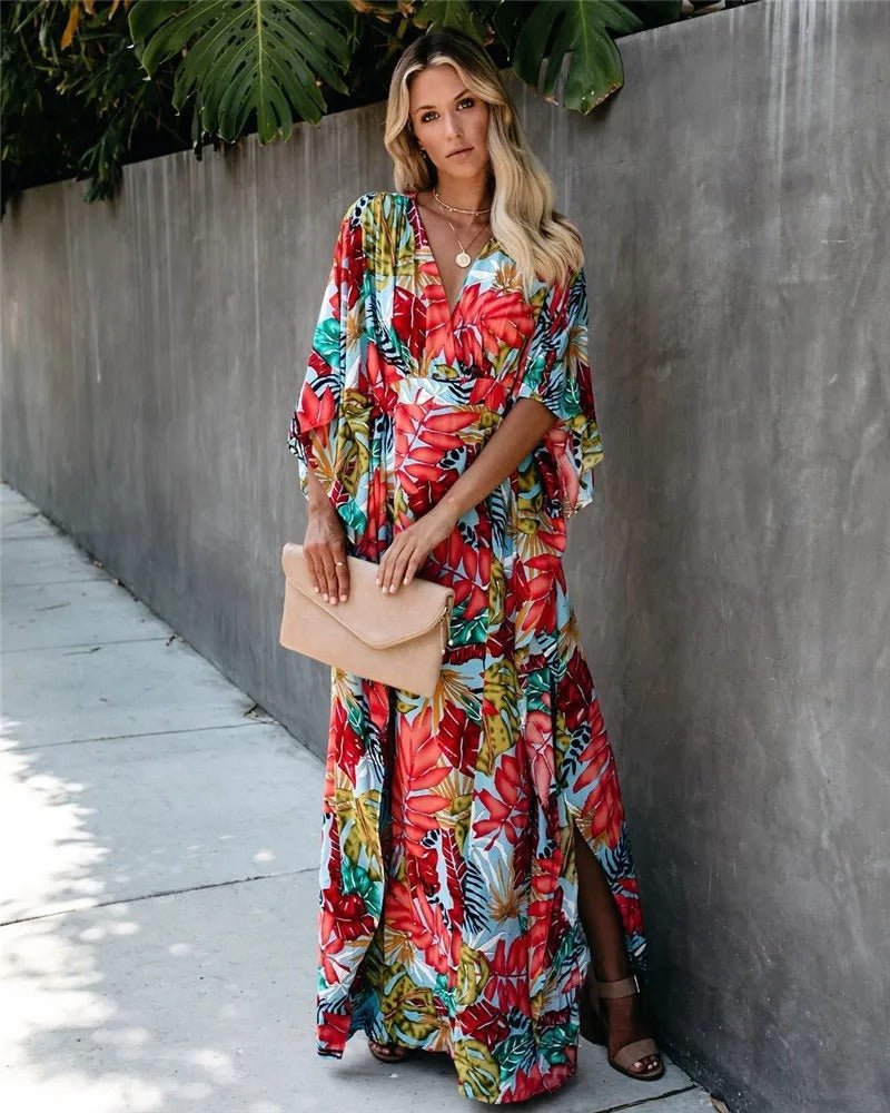 Boho Wrap Maxi Dress V-Neck Tropical Print Kimono Sleeve