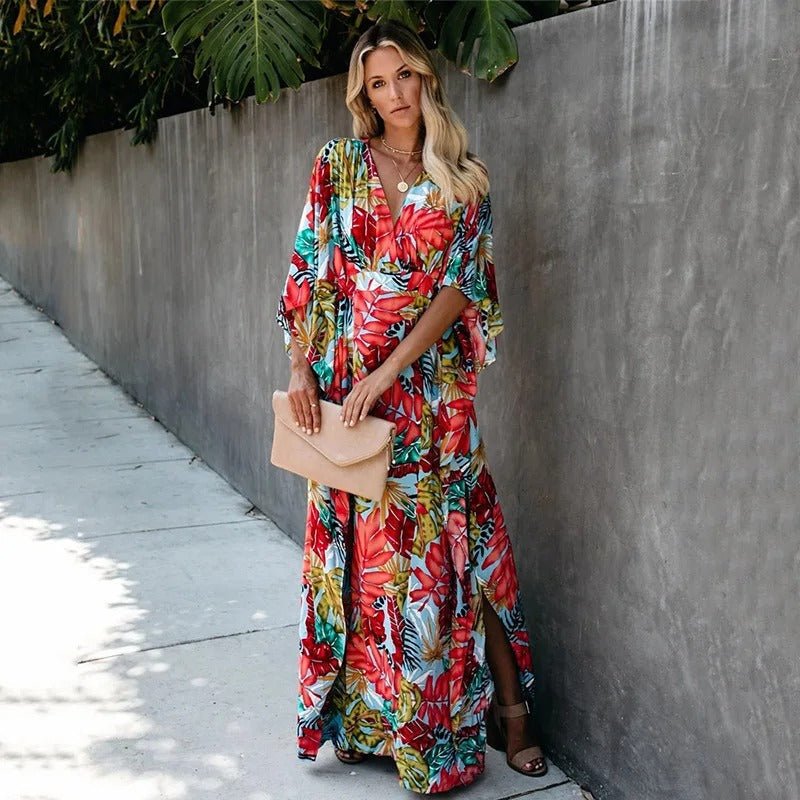 Boho Wrap Maxi Dress V-Neck Tropical Print Kimono Sleeve