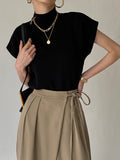 Cargo Style Mock Neck Sleeveless Top Padded Shoulder - Black