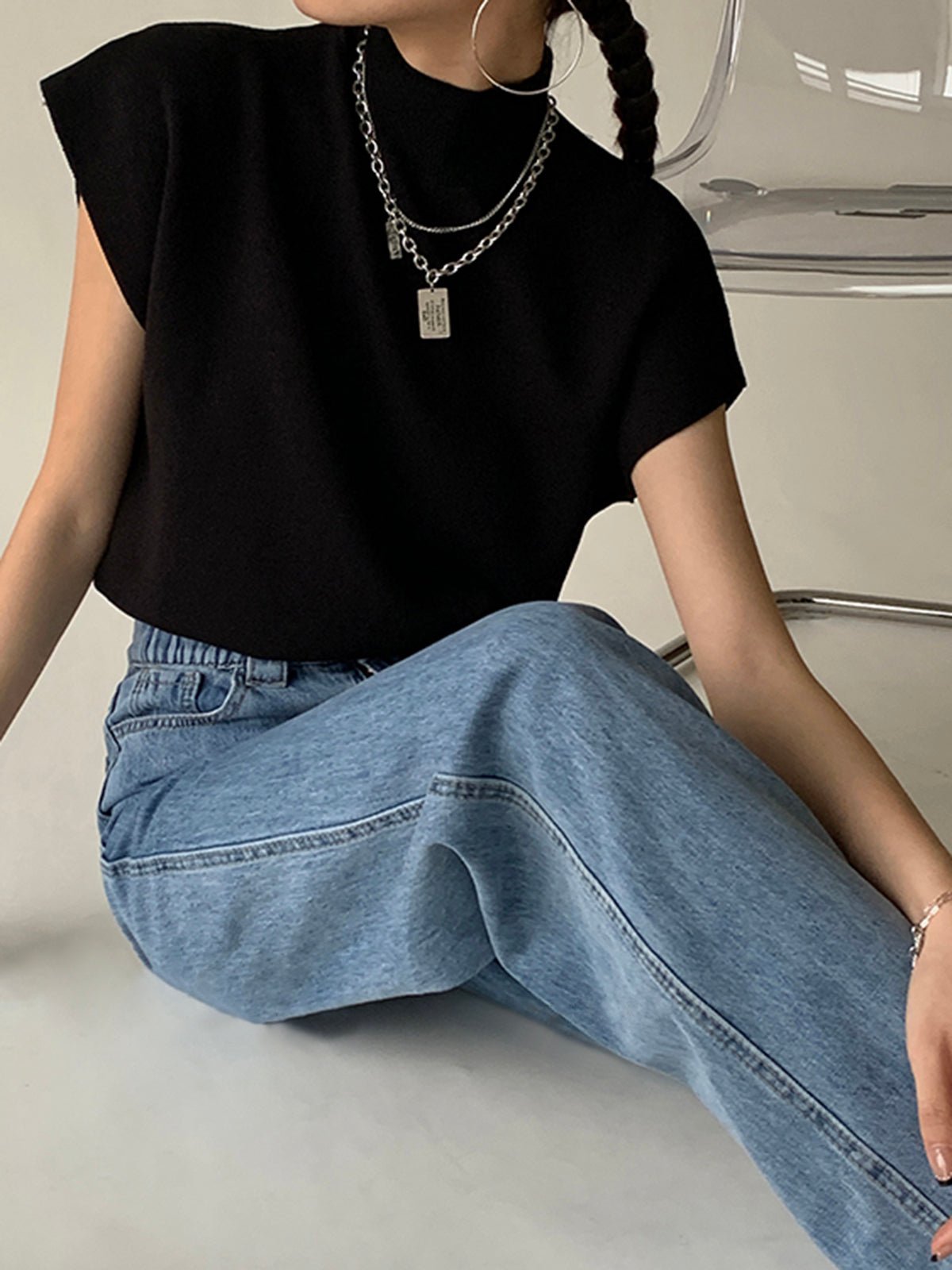 Cargo Style Mock Neck Sleeveless Top Padded Shoulder