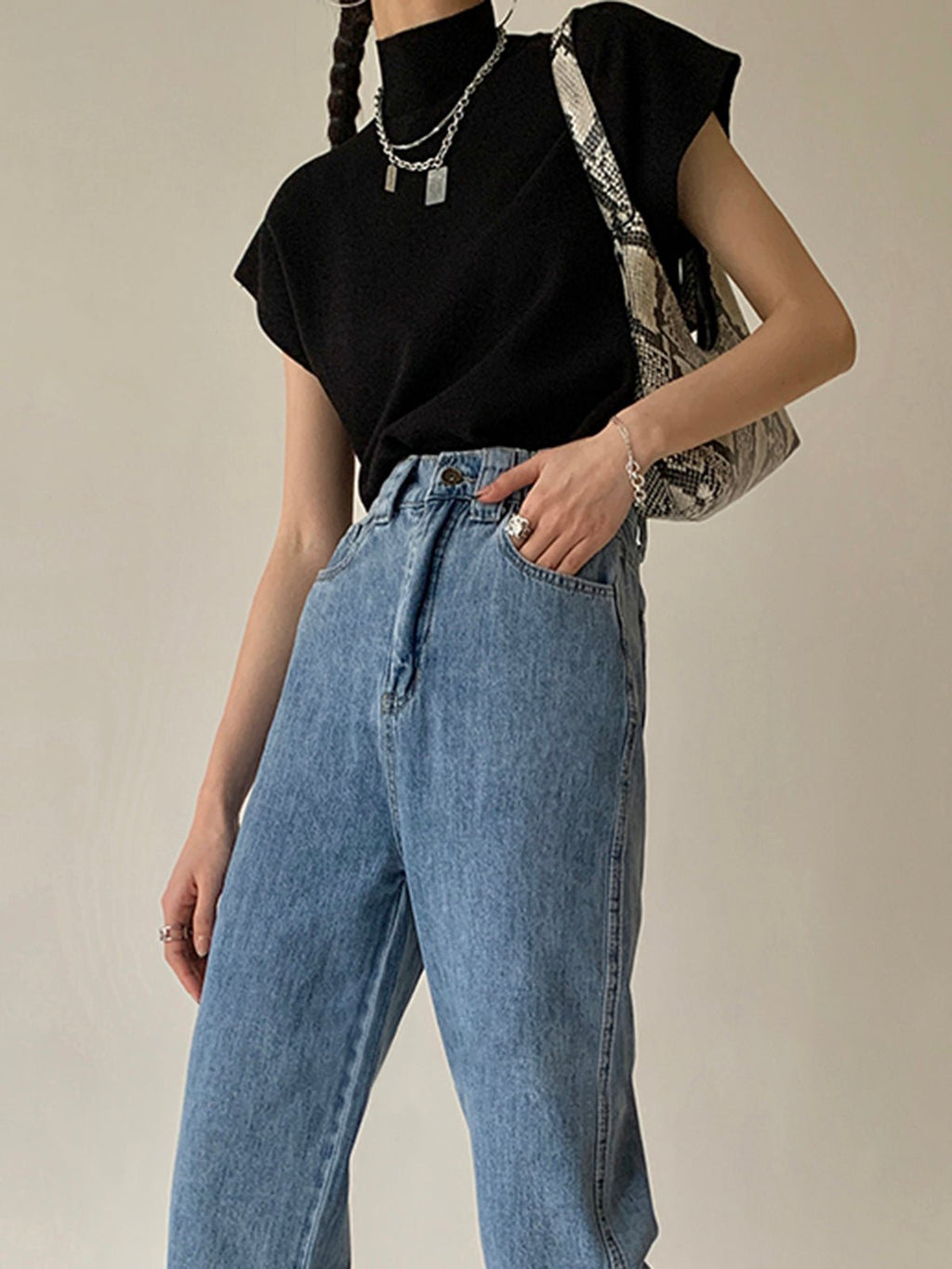 Cargo Style Mock Neck Sleeveless Top Padded Shoulder