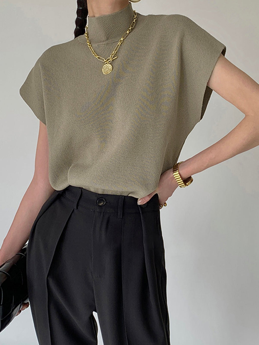 Cargo Style Mock Neck Sleeveless Top Padded Shoulder