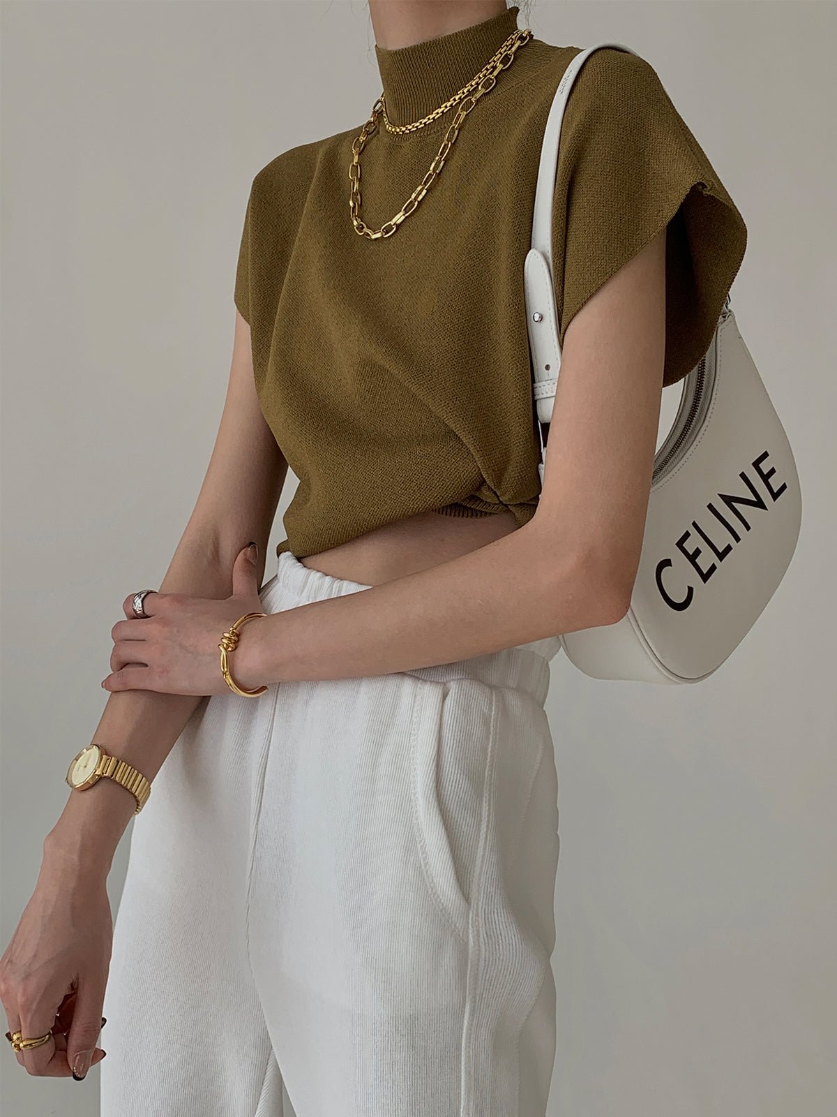 Cargo Style Mock Neck Sleeveless Top Padded Shoulder